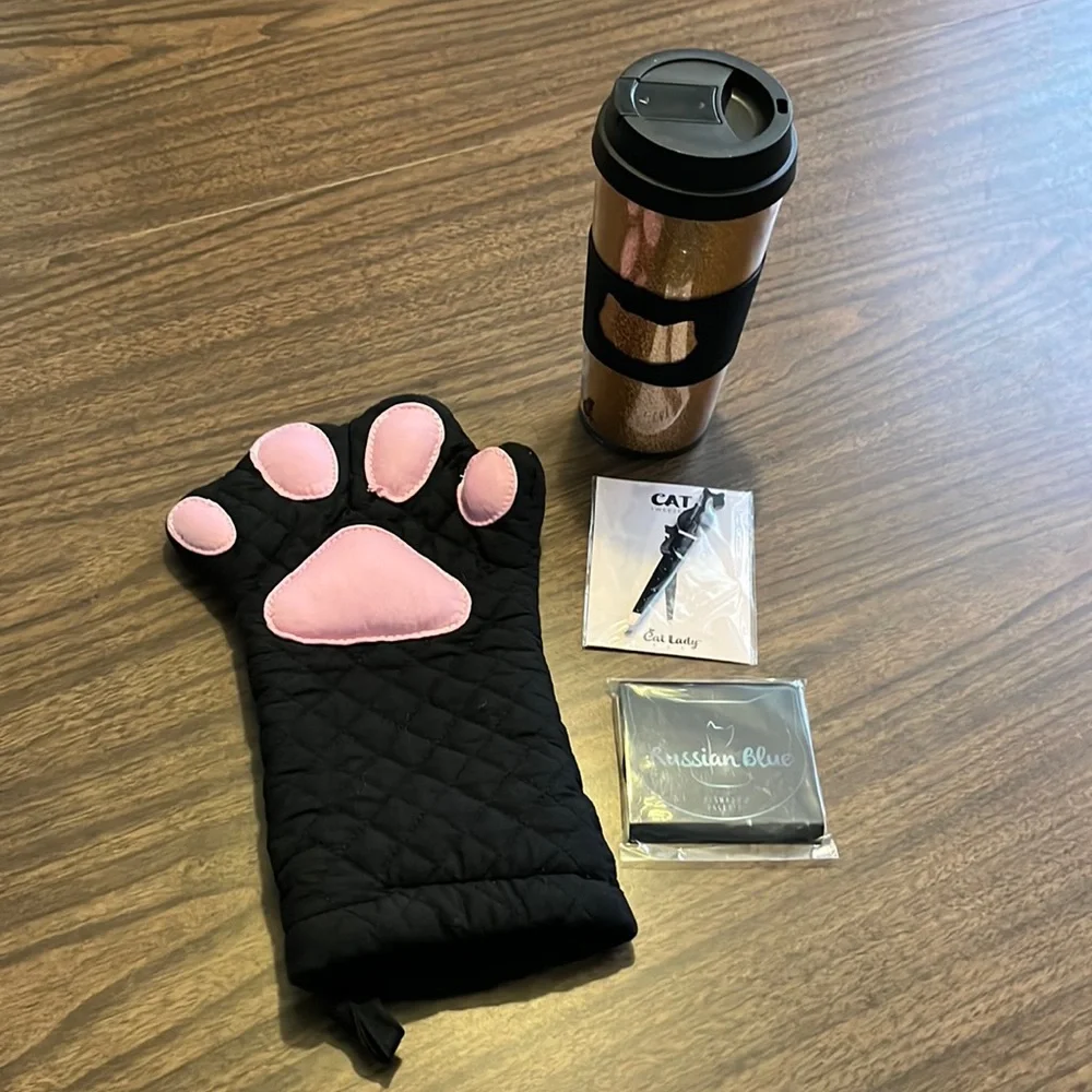 Cat Gift Lot Coffee Mug Oven Mitt Tweezers Eyeshadow NEW